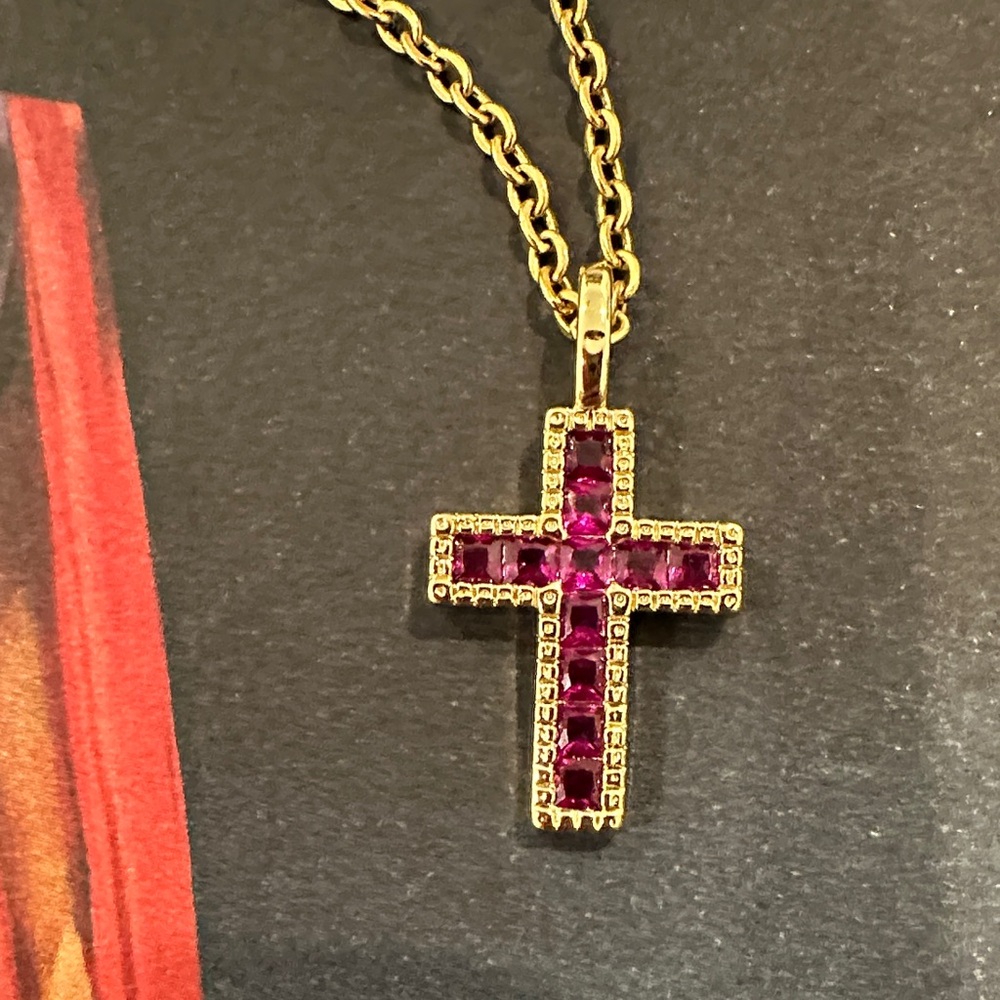 Gold and Pink Crystal Cross Pendant Necklace